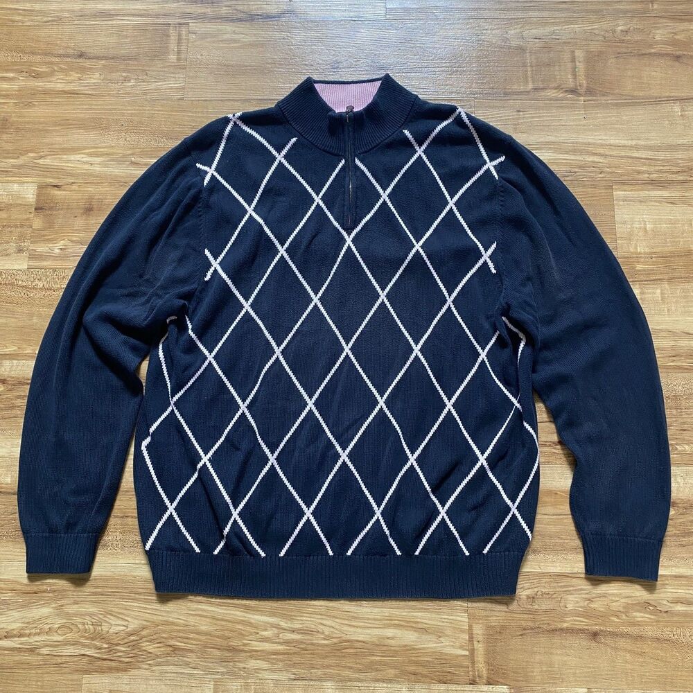 Brooks Brothers Men's XXL Navy Pink Supima Cotton Argyle 1/4 Zip Sweater Preppy